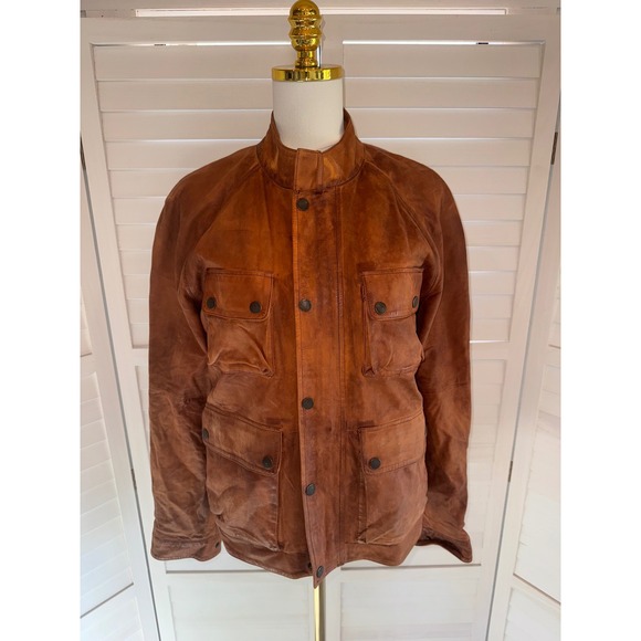 Lucky Brand Leather Utility Jacket Womens Cognac Brown Distressed Field S - Picture 2 of 9